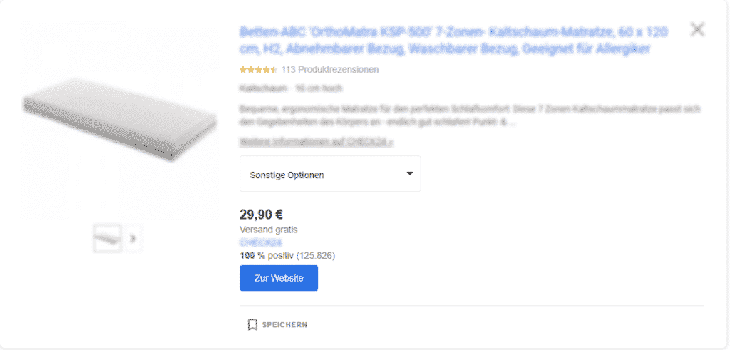 Bewertungssterne in der Produktdetailansicht in Google Shopping