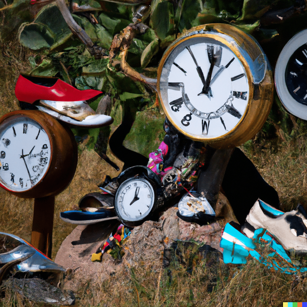 DALL·E 2023 06 13 18.45.02 dali uhren auf insel gruen bewachsener insel mit schuhen kleidung uhren und preisschildern Hourly Updates for Google Merchant Center