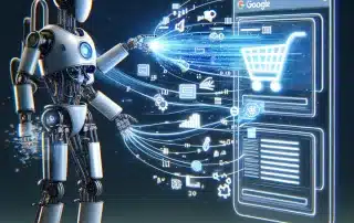 Futuristischer Roboter interagiert mit einer digitalen Darstellung eines Google Shopping Feeds. Der Roboter verwendet seine fortschrittliche Technologie, um den Shopping Feed zu verbessern.